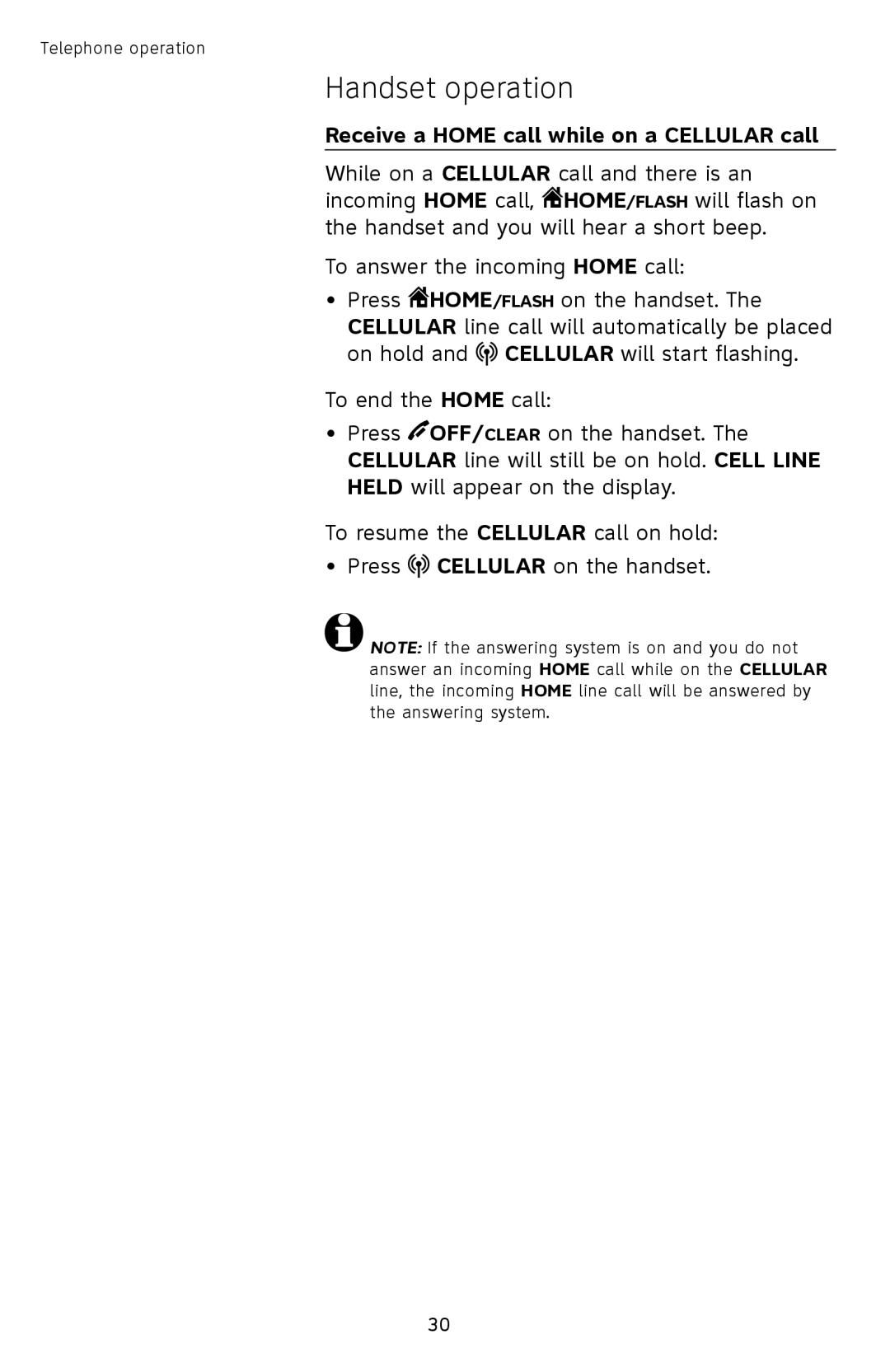 AT&T TL9228, TL9278 user manual Receive a Home call while on a Cellular call 