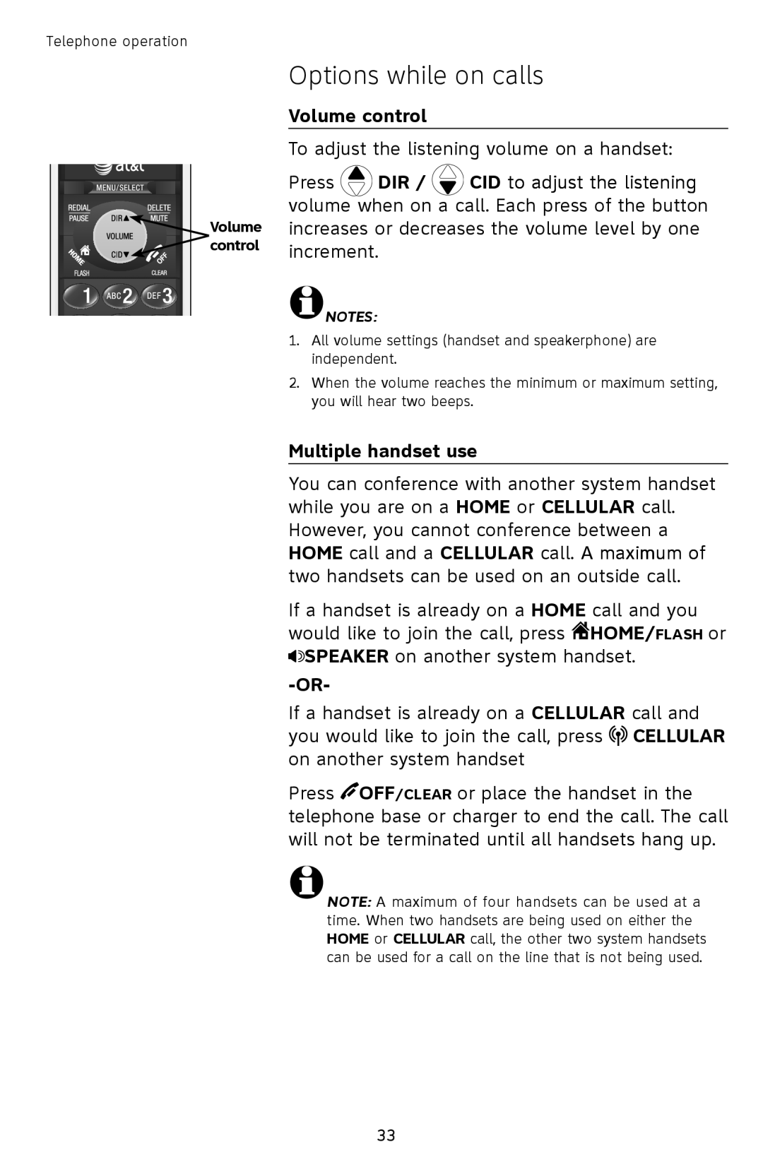 AT&T TL9278, TL9228 user manual Options while on calls, Volume control, Multiple handset use 