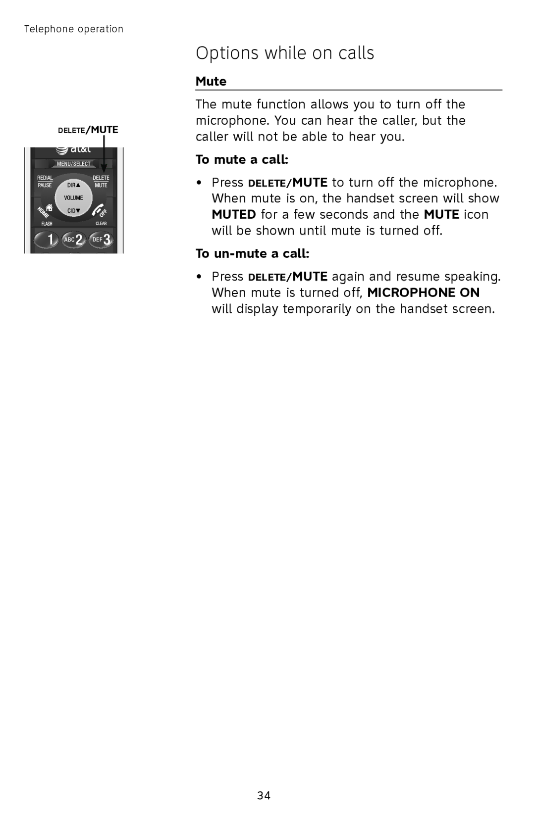 AT&T TL9228, TL9278 user manual Mute, To mute a call, To un-mute a call 