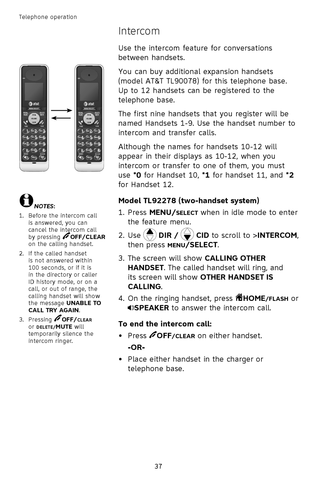 AT&T TL9278, TL9228 user manual Intercom, Model TL92278 two-handset system, To end the intercom call 