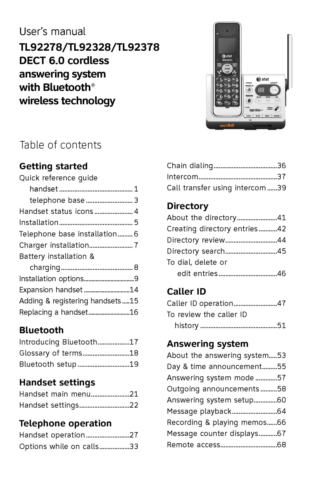 AT&T TL9278, TL9228 user manual User’s manual, Table of contents 