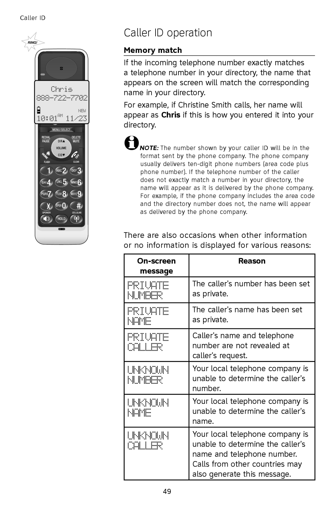 AT&T TL9278, TL9228 user manual Memory match, On-screen Reason Message 