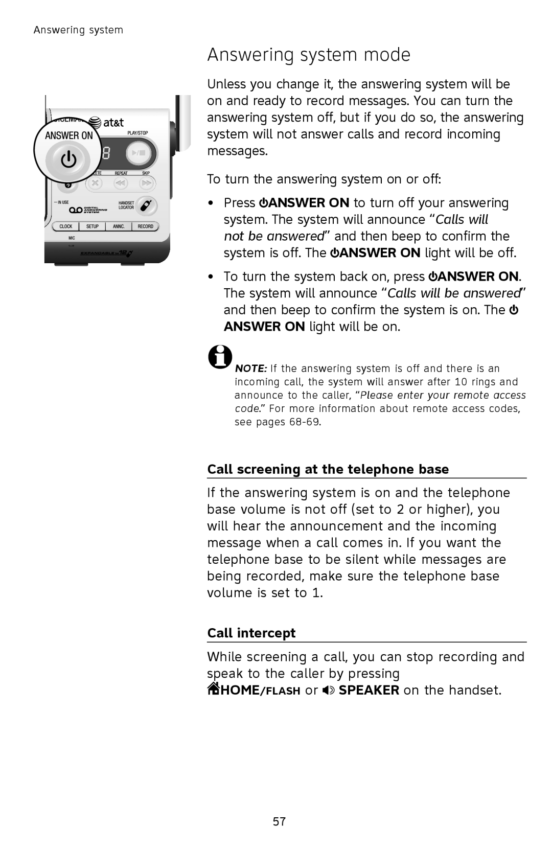 AT&T TL9278, TL9228 user manual Answering system mode, Call screening at the telephone base, Call intercept 