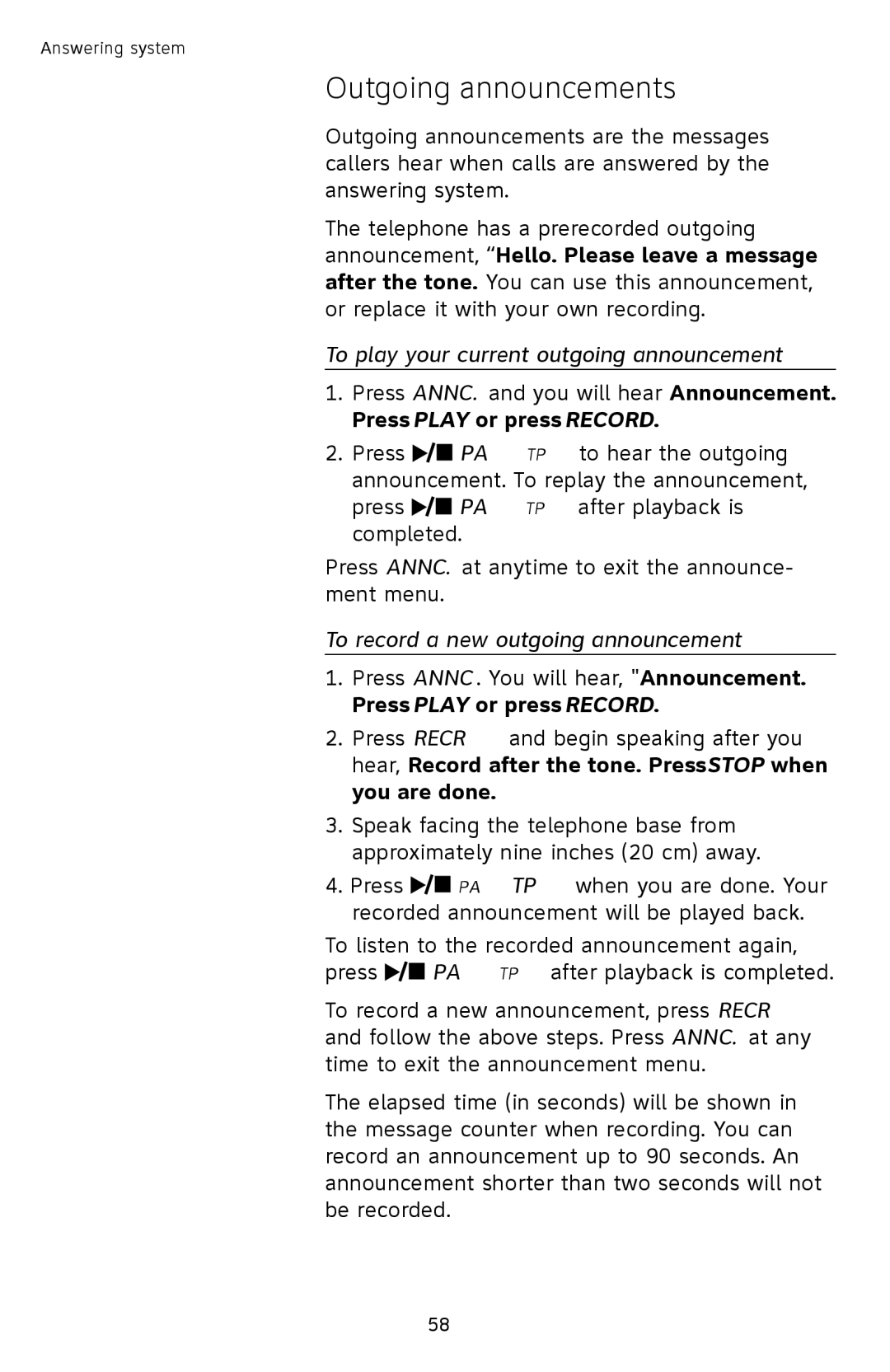 AT&T TL9228 Outgoing announcements, To play your current outgoing announcement, To record a new outgoing announcement 