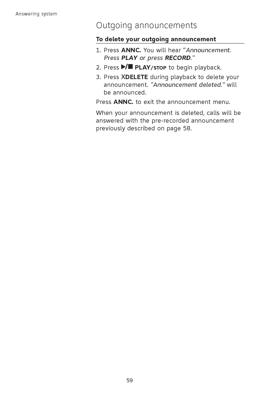AT&T TL9278, TL9228 user manual To delete your outgoing announcement 