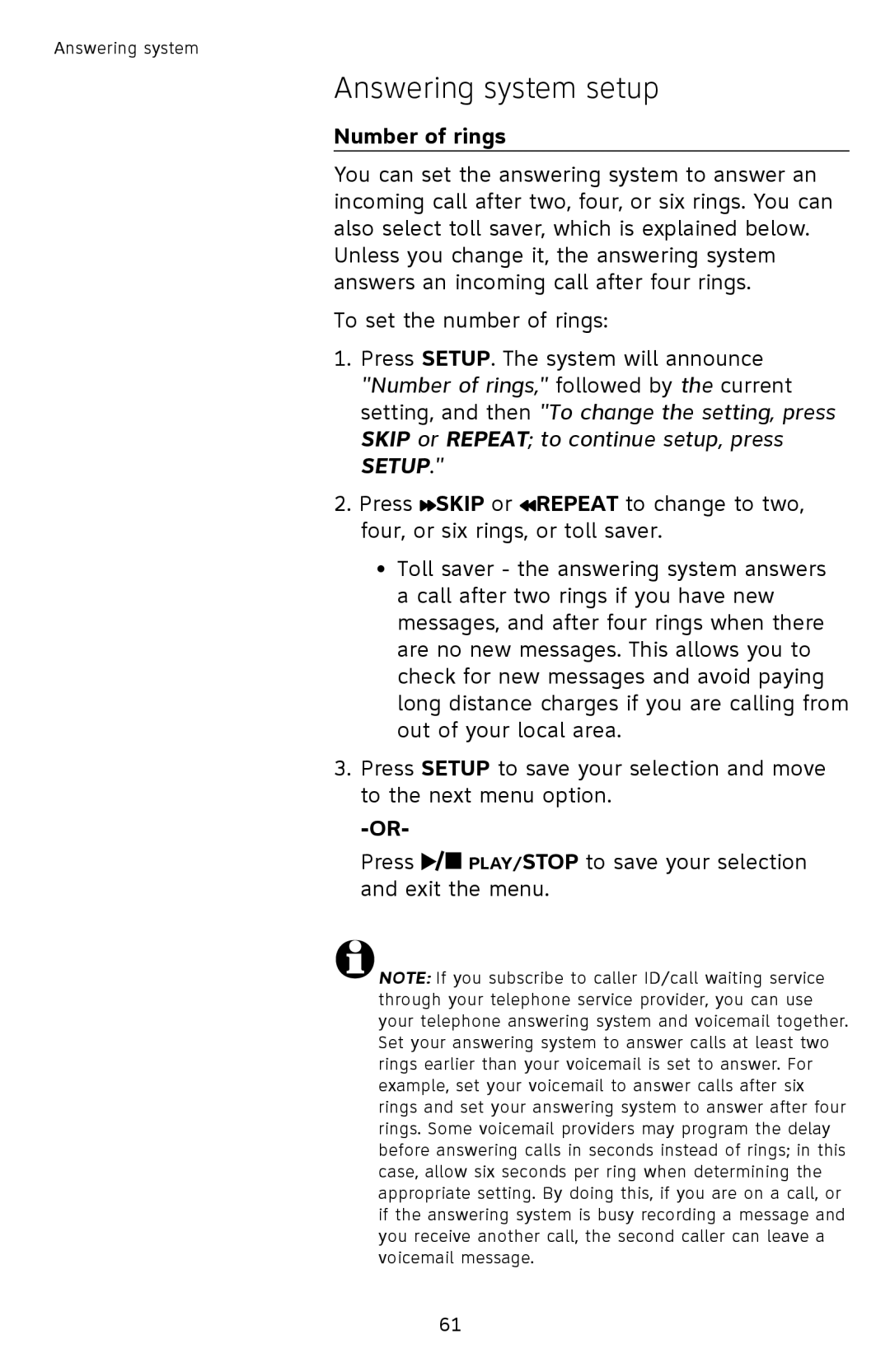 AT&T TL9278, TL9228 user manual Number of rings 