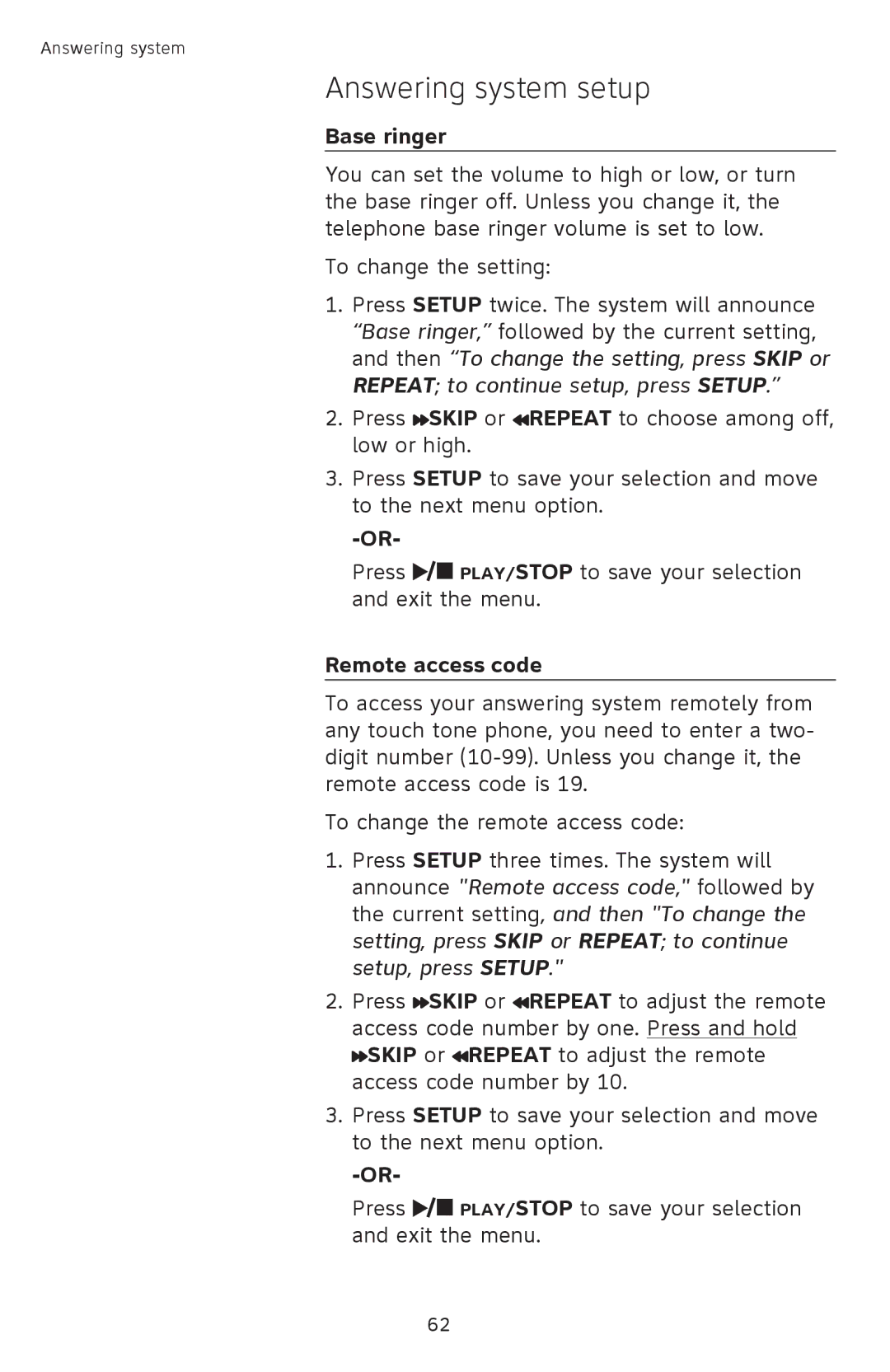 AT&T TL9228, TL9278 user manual Base ringer, Remote access code 