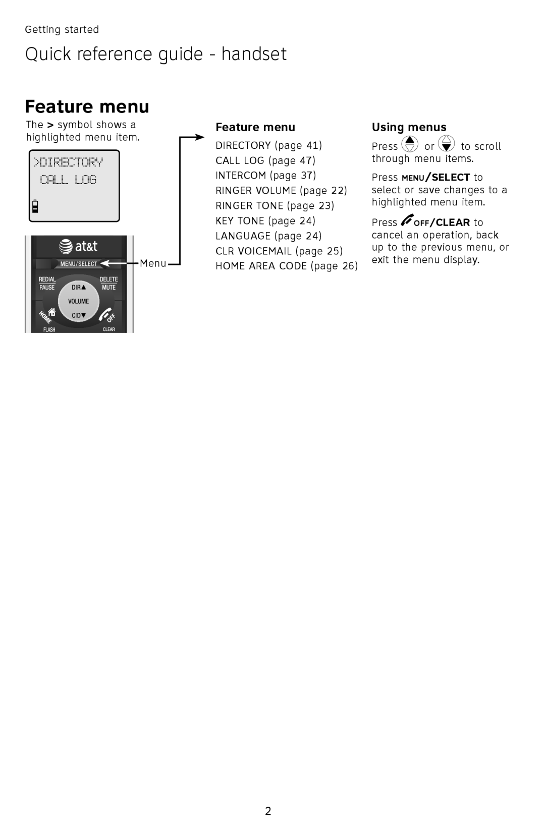 AT&T TL9228, TL9278 user manual Feature menu 