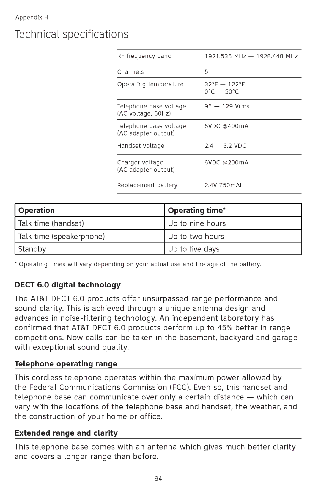 AT&T TL9228 Technical specifications, Operation Operating time, Dect 6.0 digital technology, Telephone operating range 