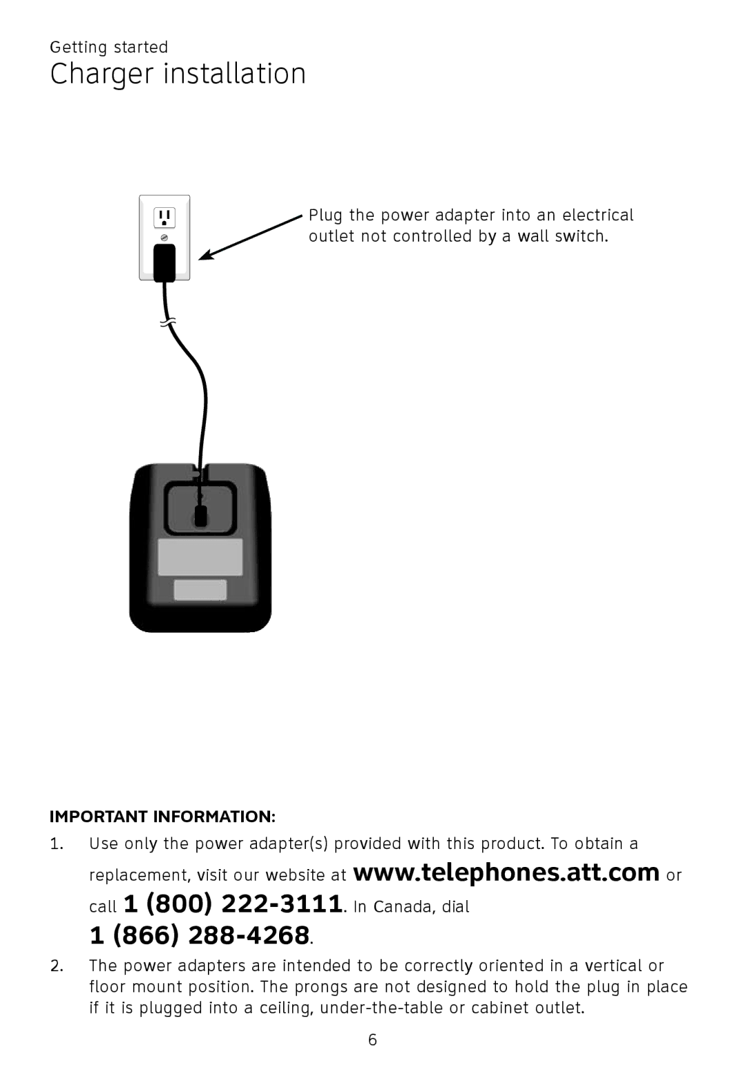 AT&T TL92270, TL92370, TL92320, TL90070, TL91270, TL91370, TL92220, TL92470, TL92420 user manual Charger installation, 866 