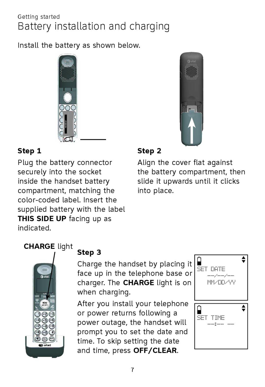 AT&T TL90070, TL92370, TL92320, TL92270 Battery installation and charging, This Side UP facing up as, Charge light Step 