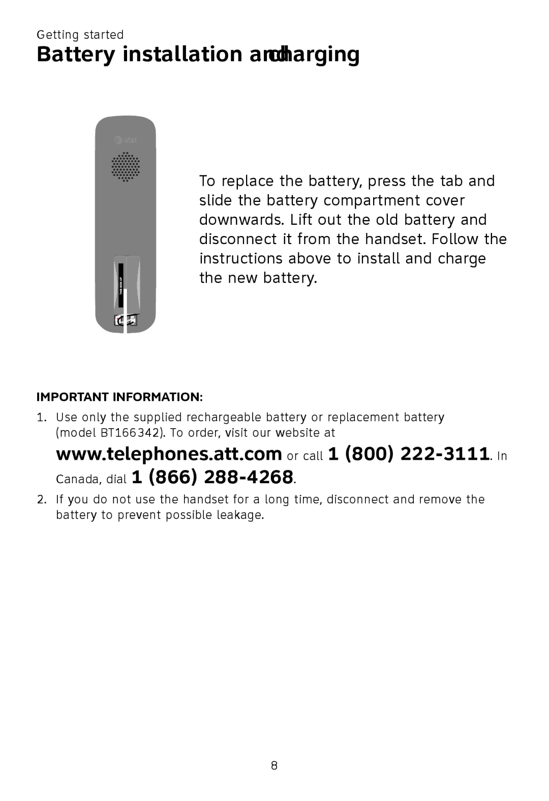 AT&T TL91270, TL92370, TL92320, TL92270, TL90070, TL91370, TL92220, TL92470, TL92420 user manual Battery installation and charging 