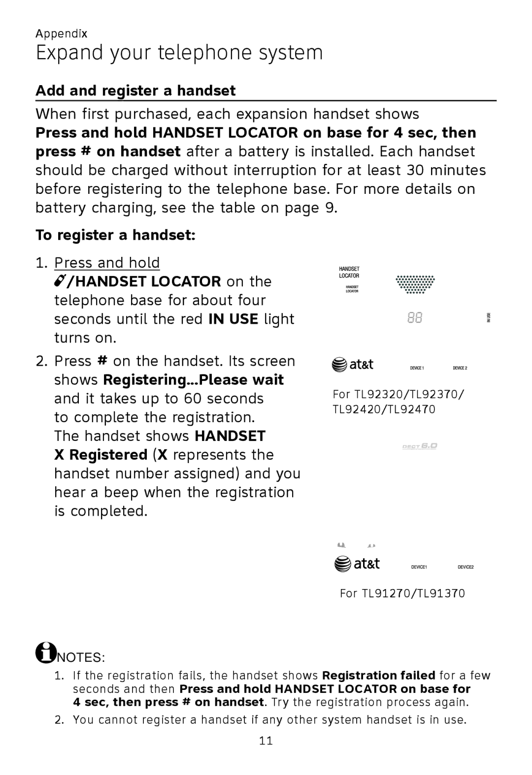 AT&T TL92470, TL92370, TL92320, TL92270, TL90070, TL91270 Expand your telephone system, Add and register a handset, Appendix 