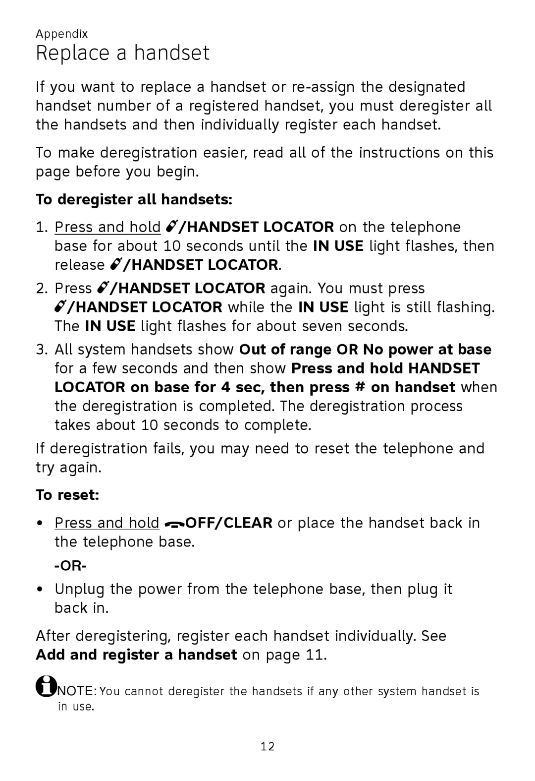 AT&T TL92420, TL92370, TL92320, TL92270, TL90070, TL91270, TL91370 Replace a handset, To deregister all handsets, To reset 