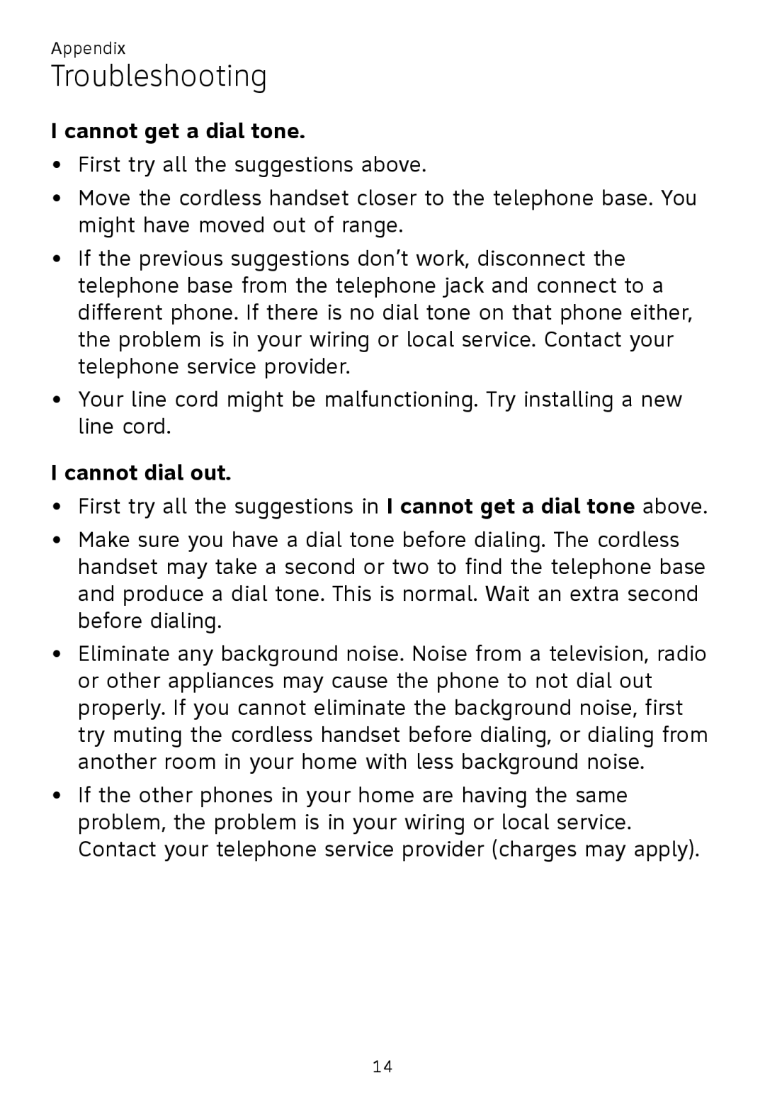 AT&T TL92320, TL92370, TL92270, TL90070, TL91270, TL91370, TL92220, TL92470, TL92420 Cannot get a dial tone, Cannot dial out 