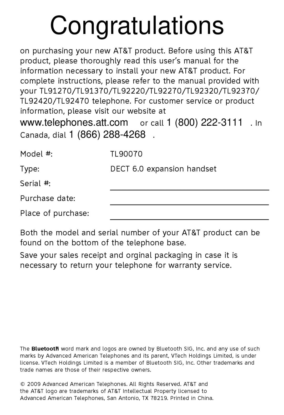 AT&T TL92270, TL92370, TL92320, TL90070, TL91270, TL91370, TL92220, TL92470, TL92420 user manual Congratulations 