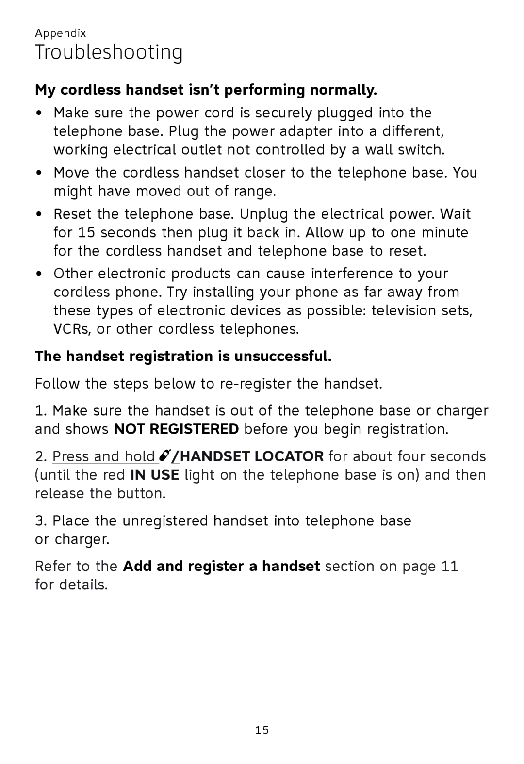 AT&T TL92270, TL92370, TL92320, TL90070 My cordless handset isn’t performing normally, Handset registration is unsuccessful 