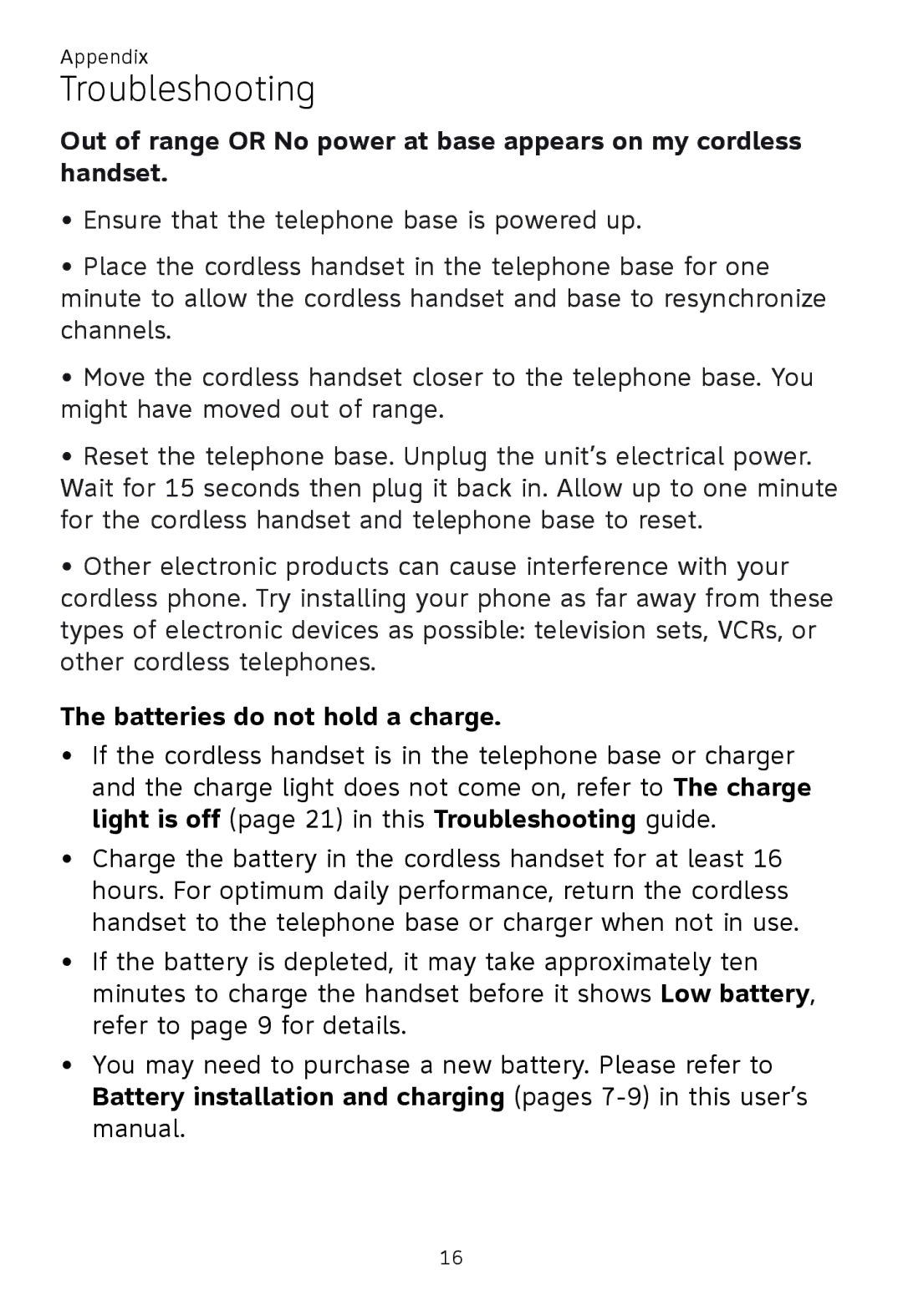 AT&T TL90070, TL92370, TL92320, TL92270, TL91270, TL91370, TL92220, TL92470, TL92420 user manual Batteries do not hold a charge 