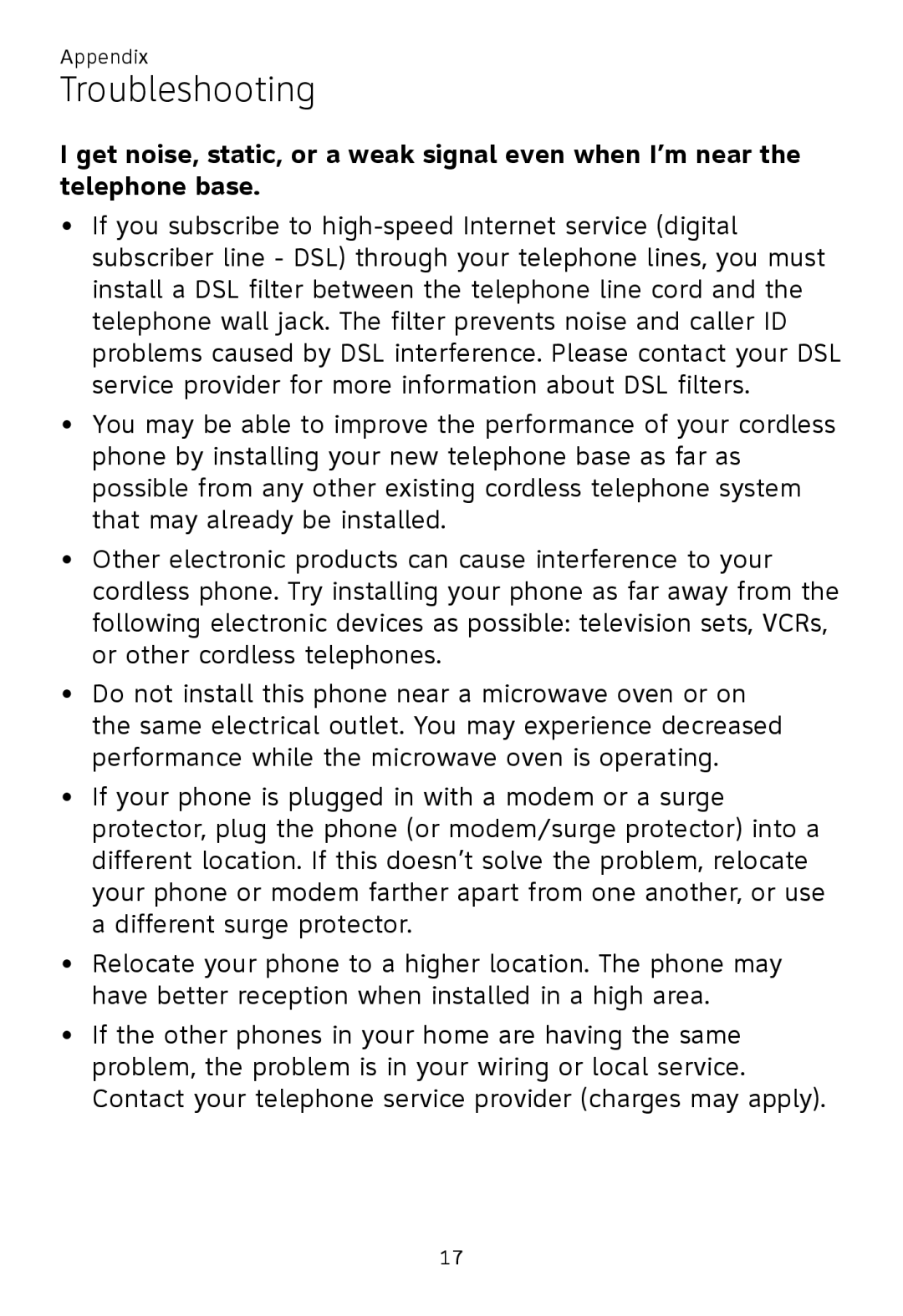 AT&T TL91270, TL92370, TL92320, TL92270, TL90070, TL91370, TL92220, TL92470, TL92420 user manual Troubleshooting 