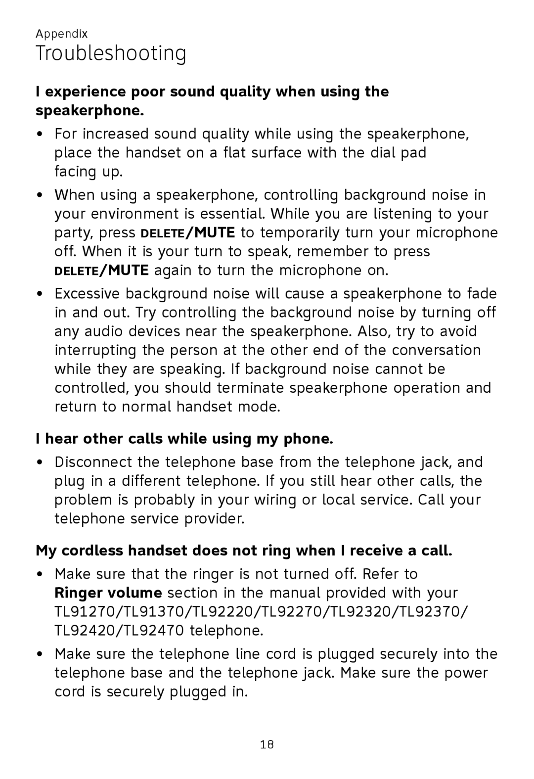 AT&T TL91370, TL92370 Experience poor sound quality when using the speakerphone, Hear other calls while using my phone 