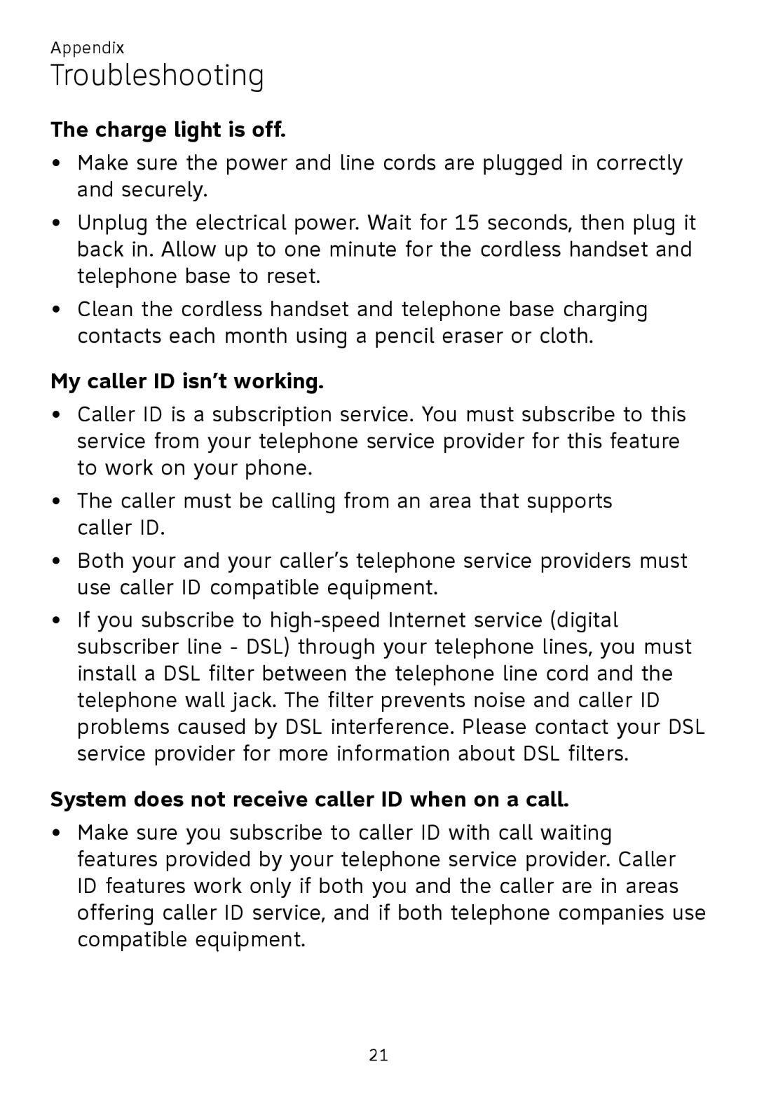 AT&T TL92420, TL92370 Charge light is off, My caller ID isn’t working, System does not receive caller ID when on a call 