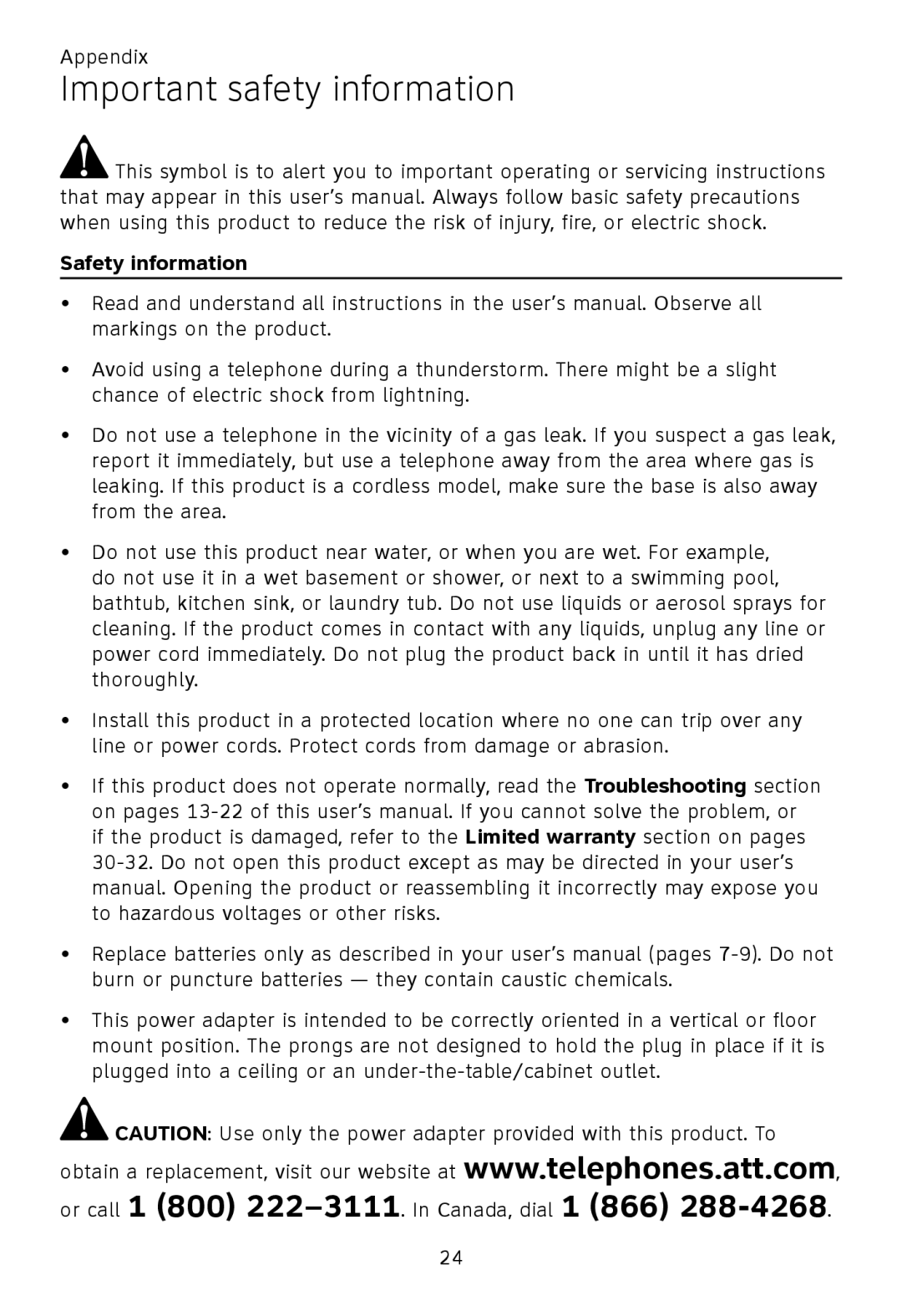 AT&T TL92270, TL92370, TL92320, TL90070, TL91270, TL91370, TL92220, TL92470 Important safety information, Safety information 