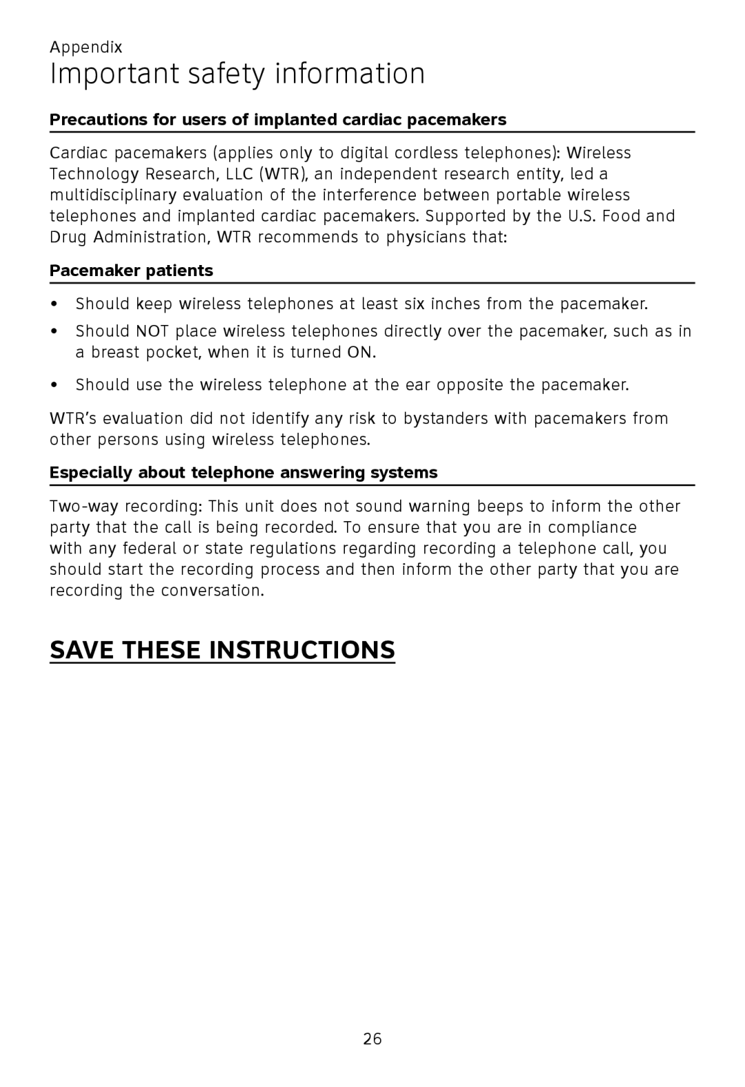 AT&T TL91270, TL92370, TL92320, TL92270, TL90070 Precautions for users of implanted cardiac pacemakers, Pacemaker patients 