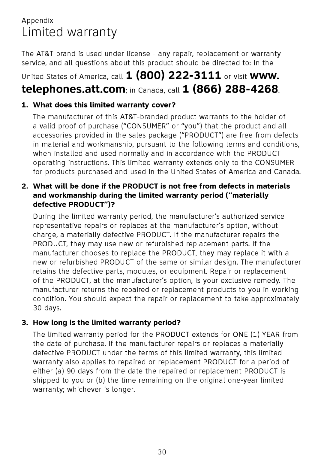 AT&T TL92420, TL92370 Limited warranty, What does this limited warranty cover?, How long is the limited warranty period? 