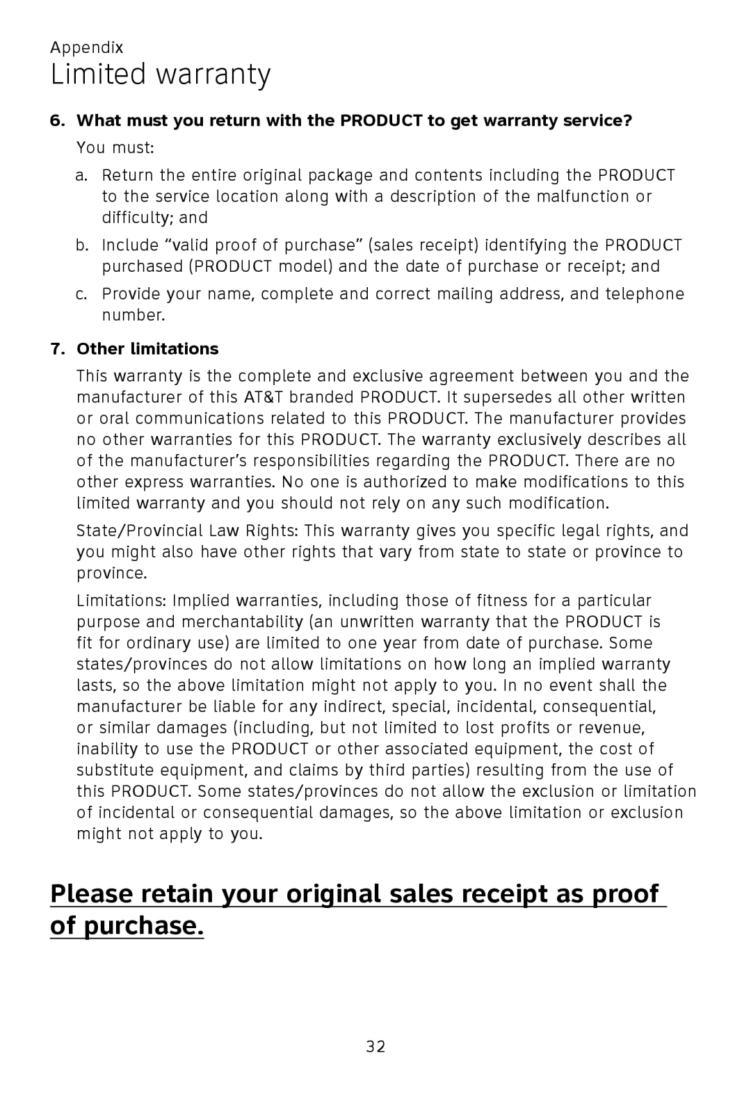 AT&T TL92320, TL92370, TL92270, TL90070, TL91270, TL91370, TL92220, TL92470, TL92420 user manual Other limitations 