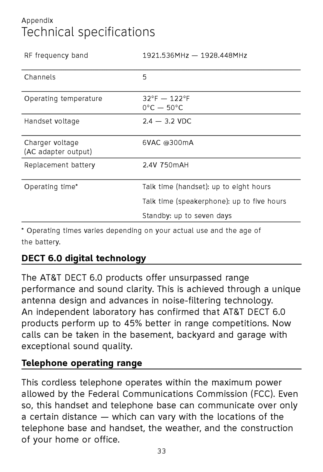 AT&T TL92270, TL92370, TL92320, TL90070 Technical specifications, Dect 6.0 digital technology, Telephone operating range 