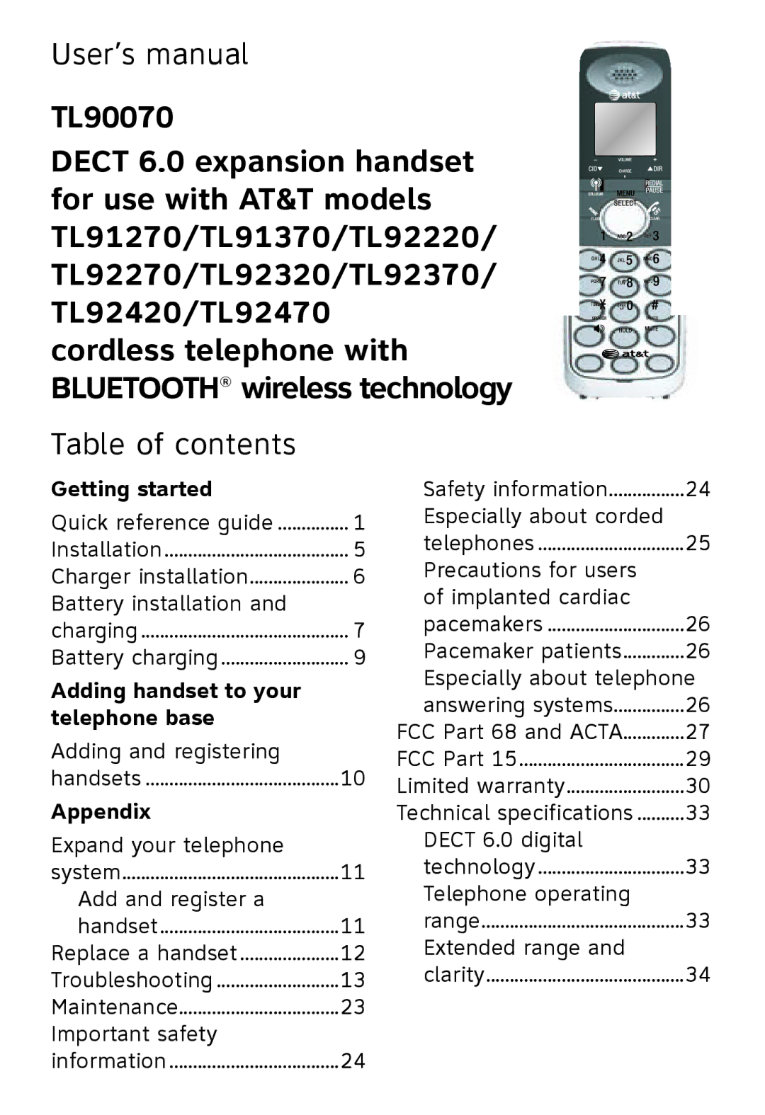 AT&T TL91370, TL92370, TL92320, TL92270, TL90070, TL91270, TL92220, TL92470, TL92420 user manual User’s manual, Table of contents 