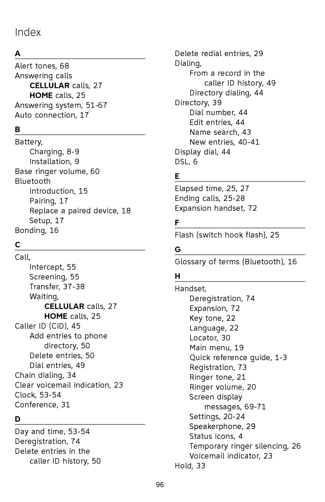 AT&T TL92378 user manual Index, Cellular calls, 27 Home calls 