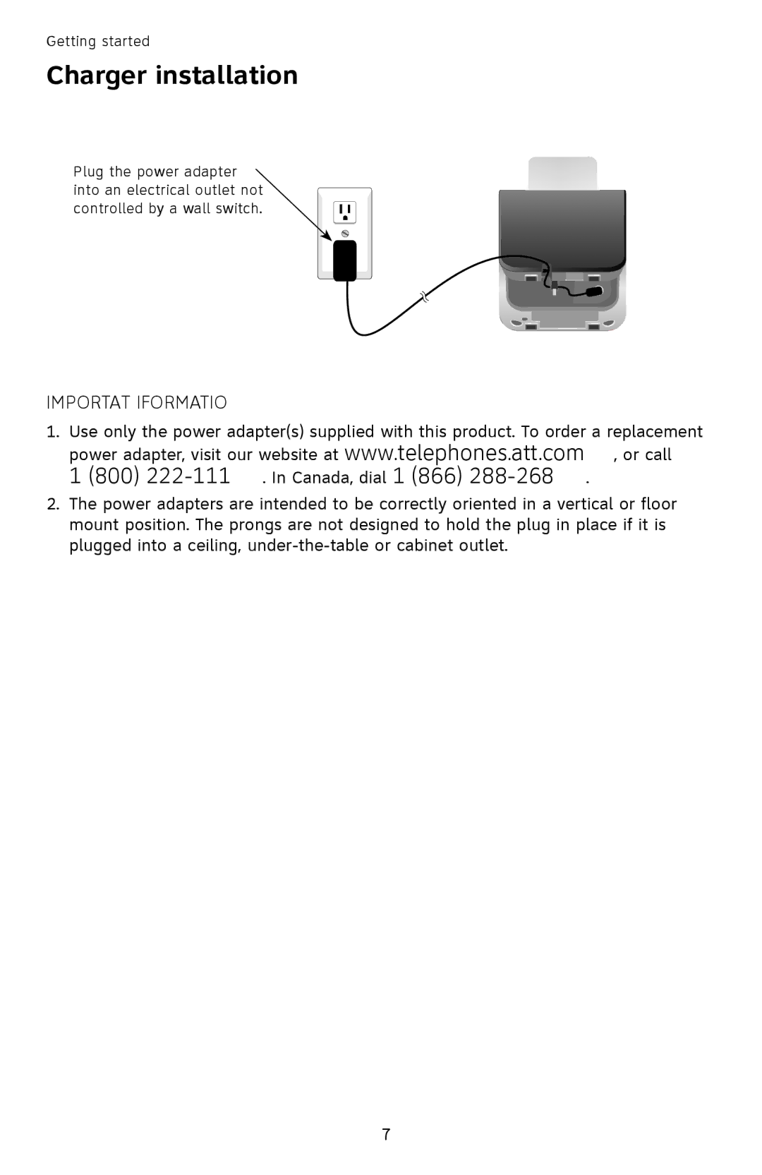 AT&T TL92378 user manual Charger installation, 800 222-3111. In Canada, dial 1 866 