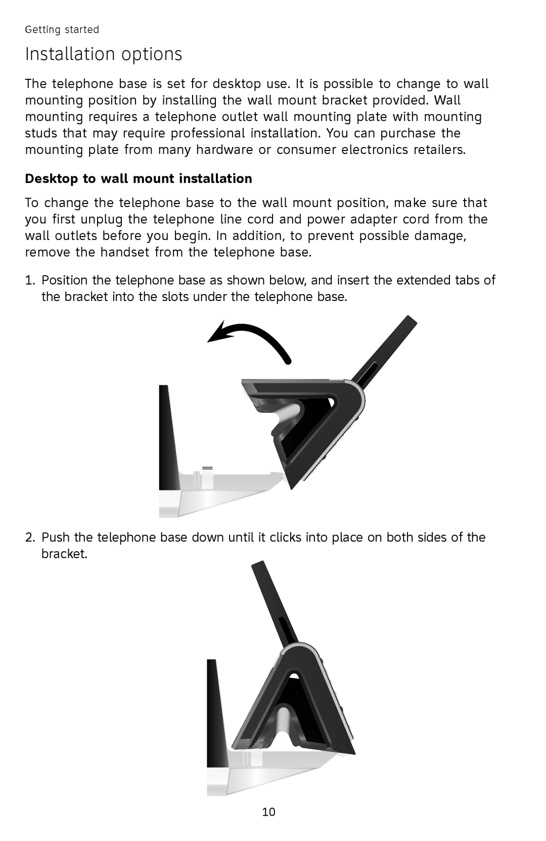 AT&T TL92378 user manual Installation options, Desktop to wall mount installation 