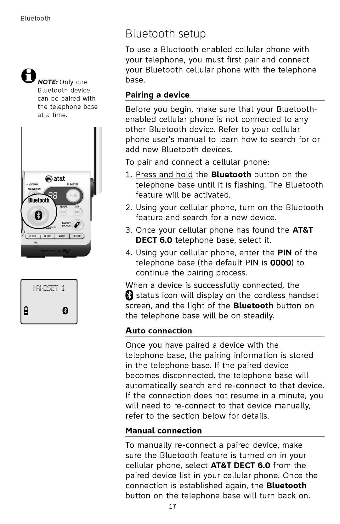 AT&T TL92378 user manual Bluetooth setup, Pairing a device, Manual connection 