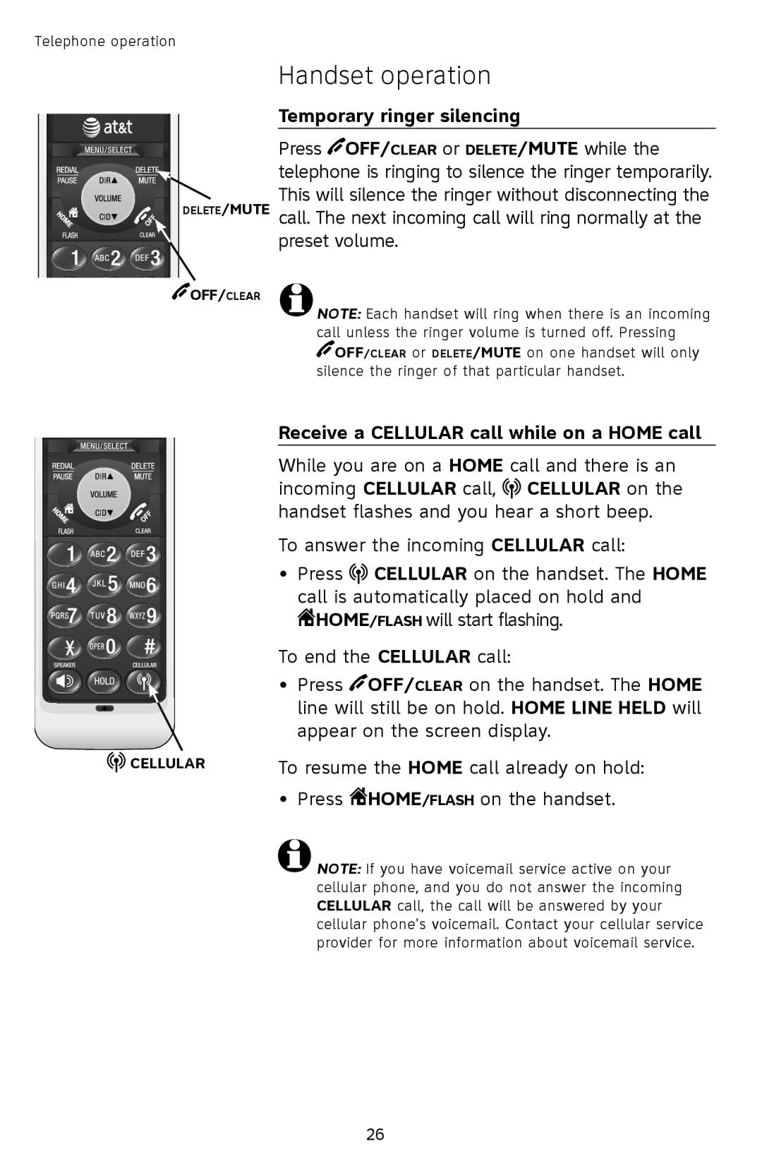 AT&T TL92378 user manual Temporary ringer silencing, Receive a Cellular call while on a Home call 