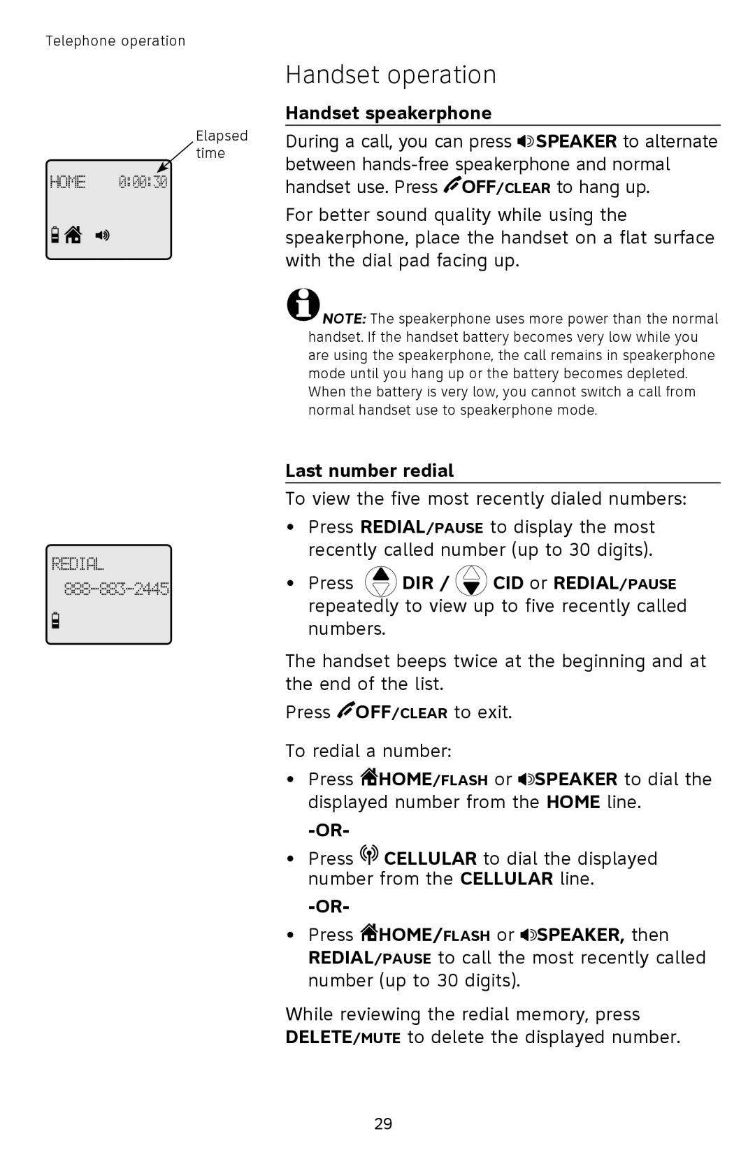 AT&T TL92378 user manual Handset speakerphone, Last number redial 