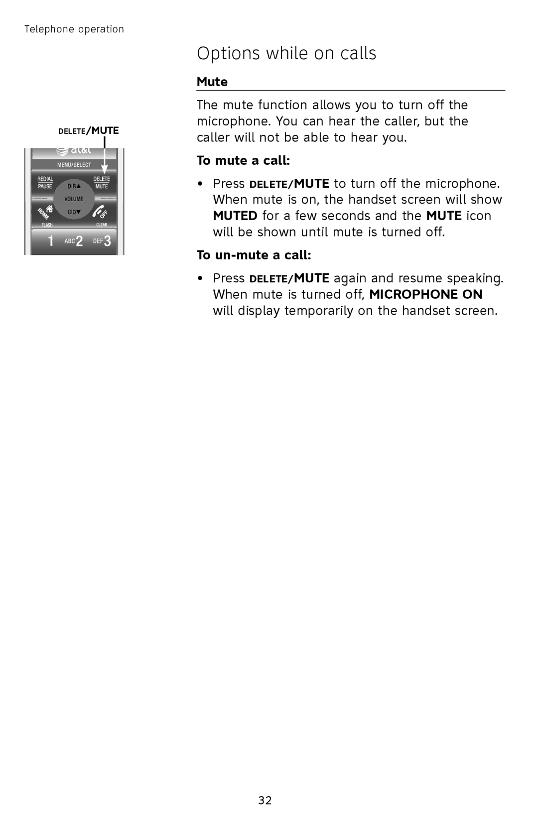 AT&T TL92378 user manual Mute, To mute a call, To un-mute a call 