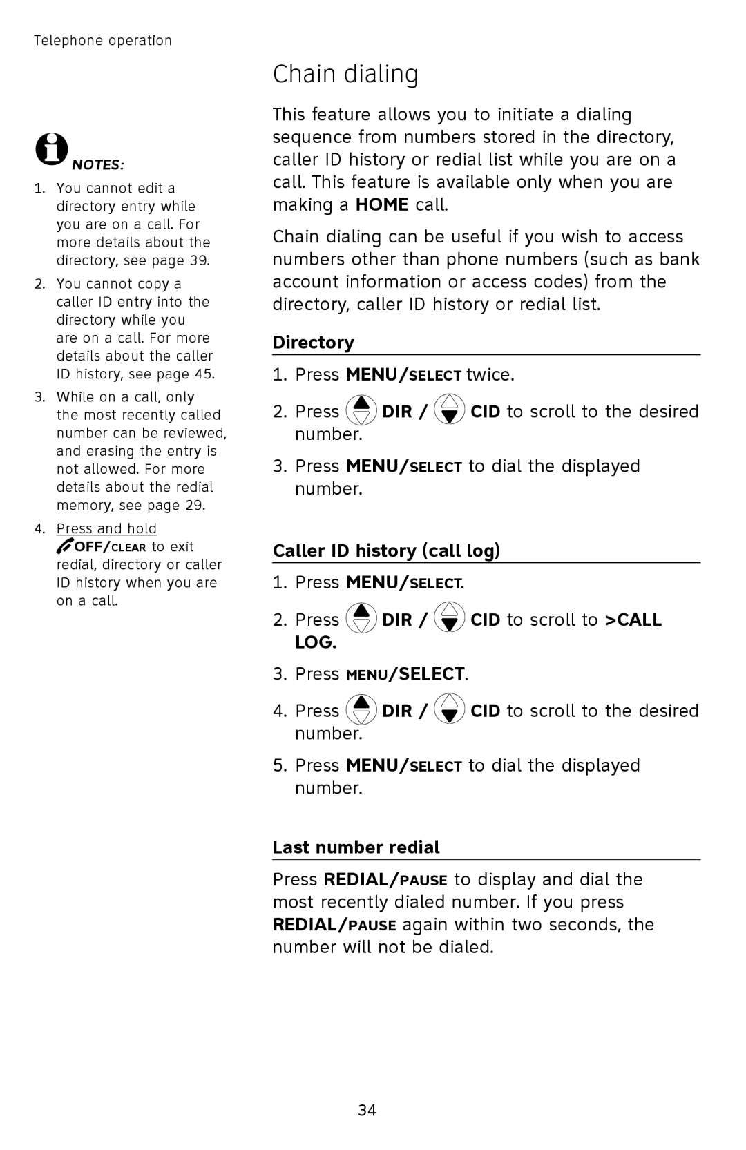 AT&T TL92378 user manual Chain dialing, Directory, Caller ID history call log 