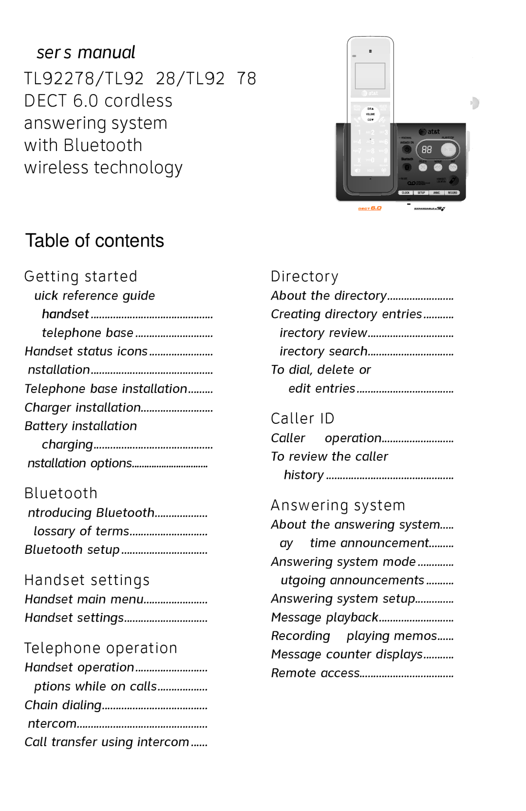 AT&T TL92378 user manual User’s manual, Table of contents 