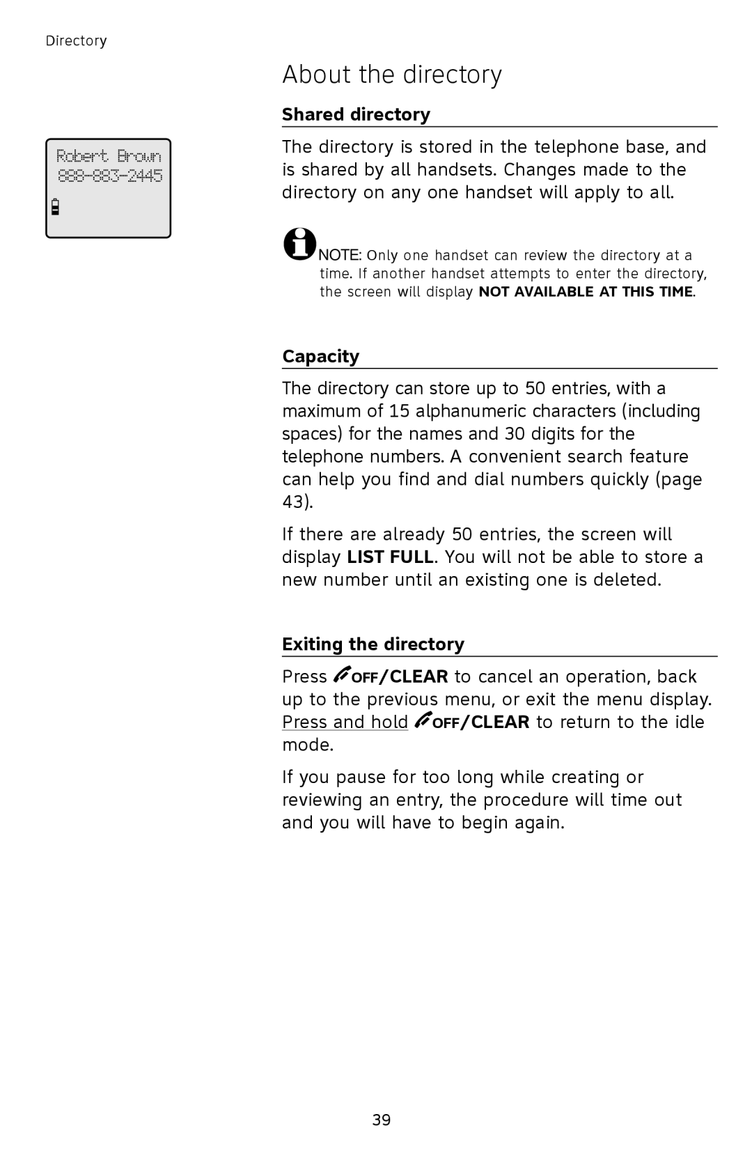 AT&T TL92378 user manual About the directory, Shared directory, Capacity, Exiting the directory 