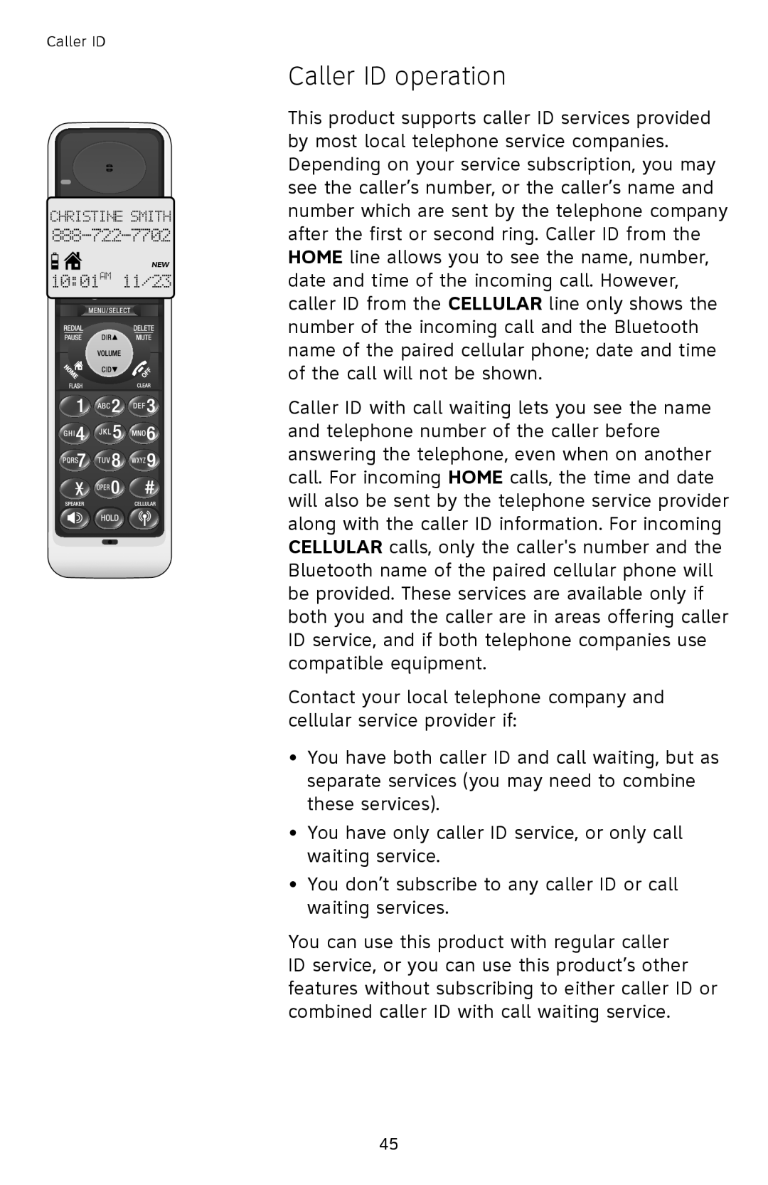 AT&T TL92378 user manual Caller ID operation 