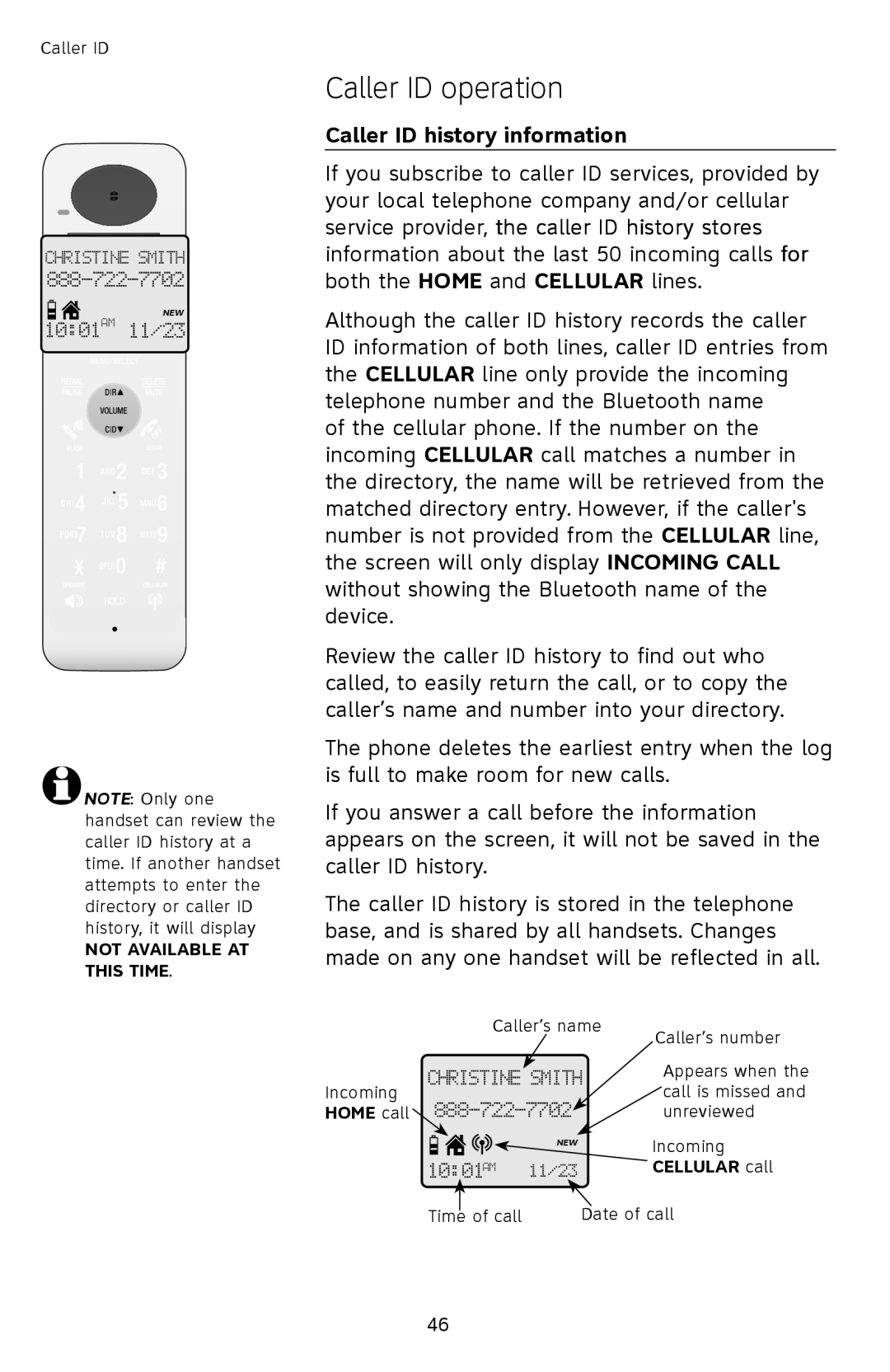 AT&T TL92378 user manual Caller ID history information 