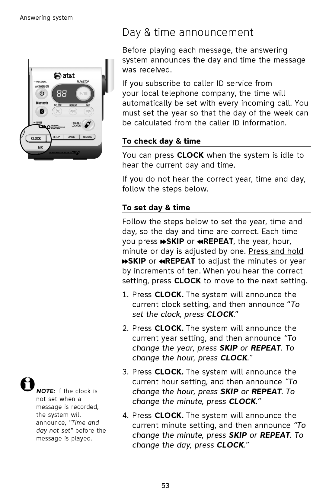 AT&T TL92378 user manual Day & time announcement, To check day & time, To set day & time 