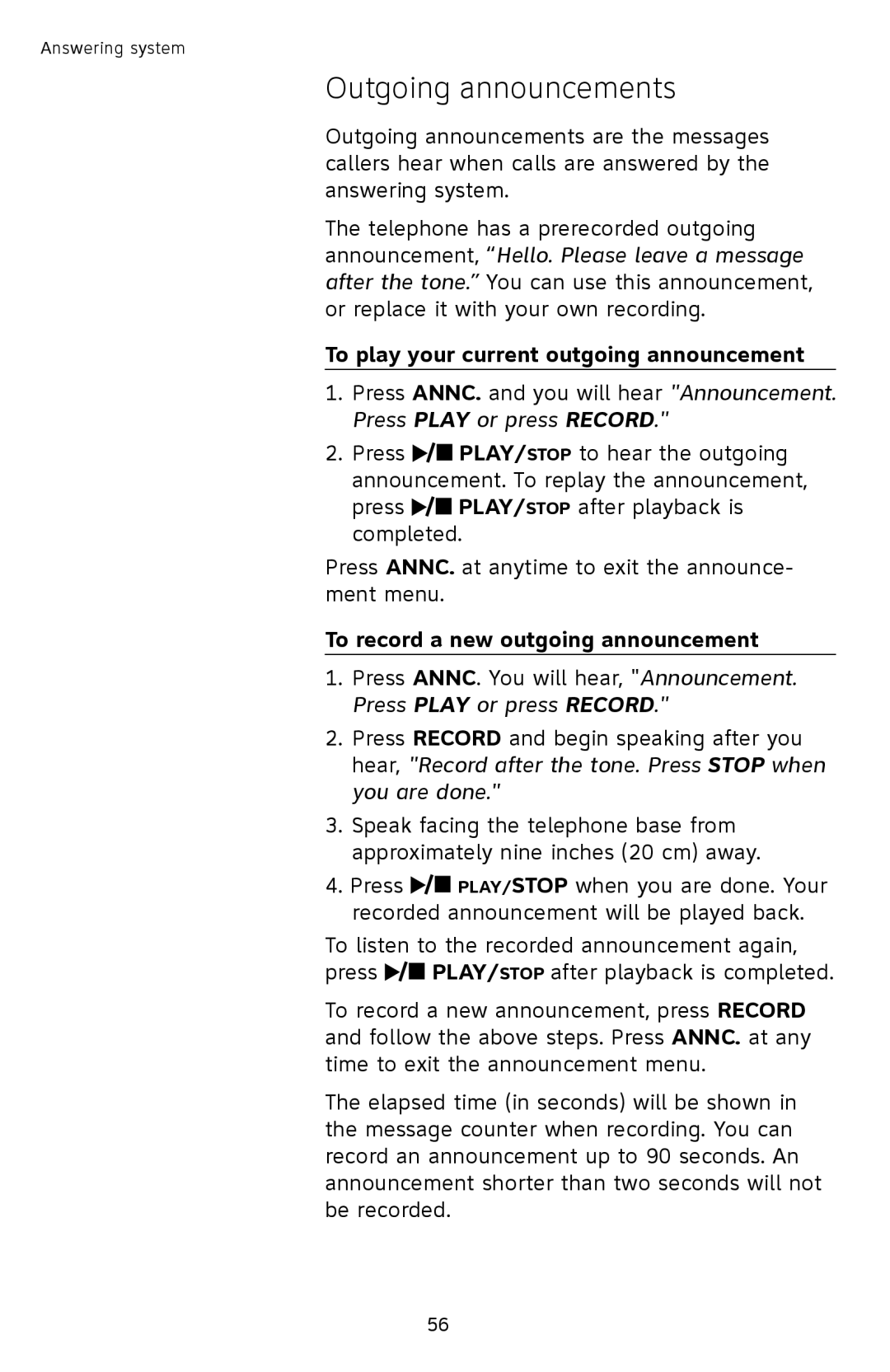 AT&T TL92378 Outgoing announcements, To play your current outgoing announcement, To record a new outgoing announcement 