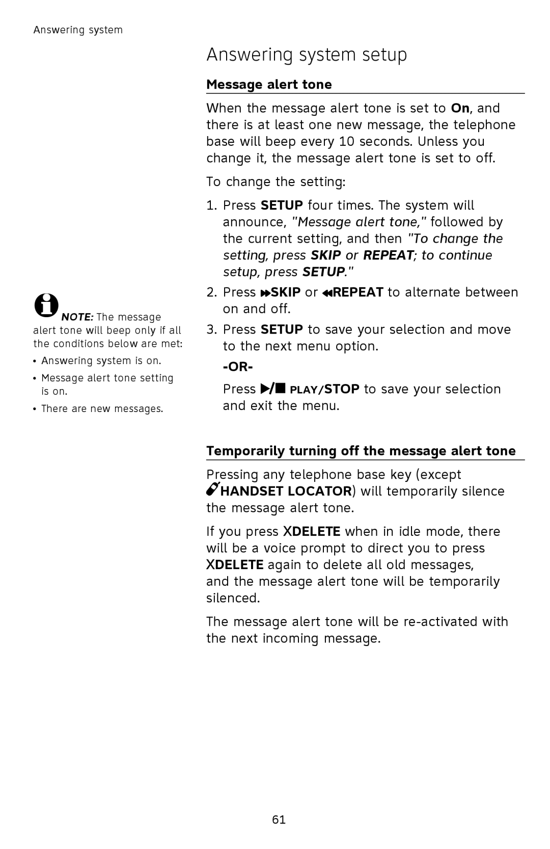 AT&T TL92378 user manual Message alert tone, Temporarily turning off the message alert tone 