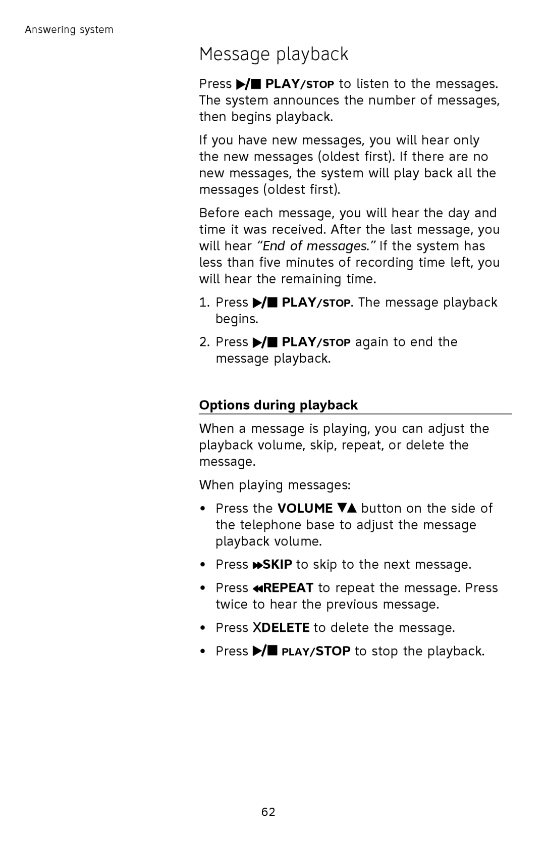 AT&T TL92378 user manual Message playback, Options during playback 