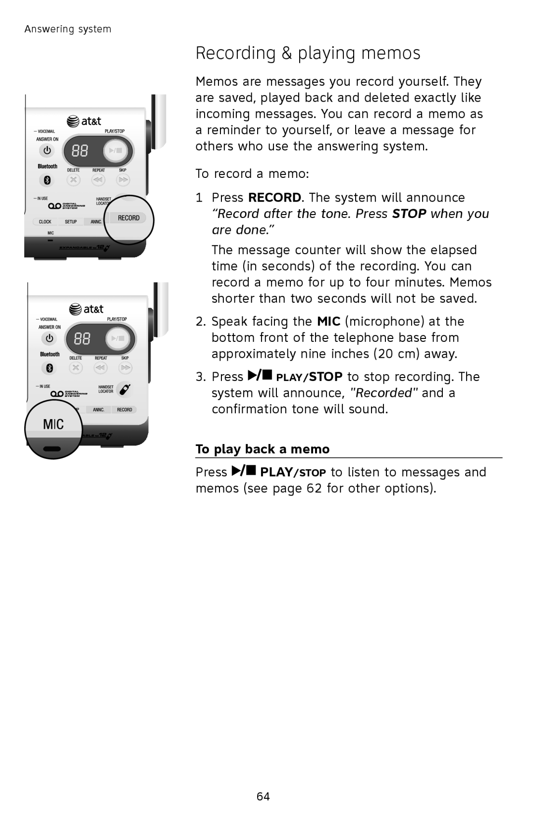 AT&T TL92378 user manual Recording & playing memos, To play back a memo 