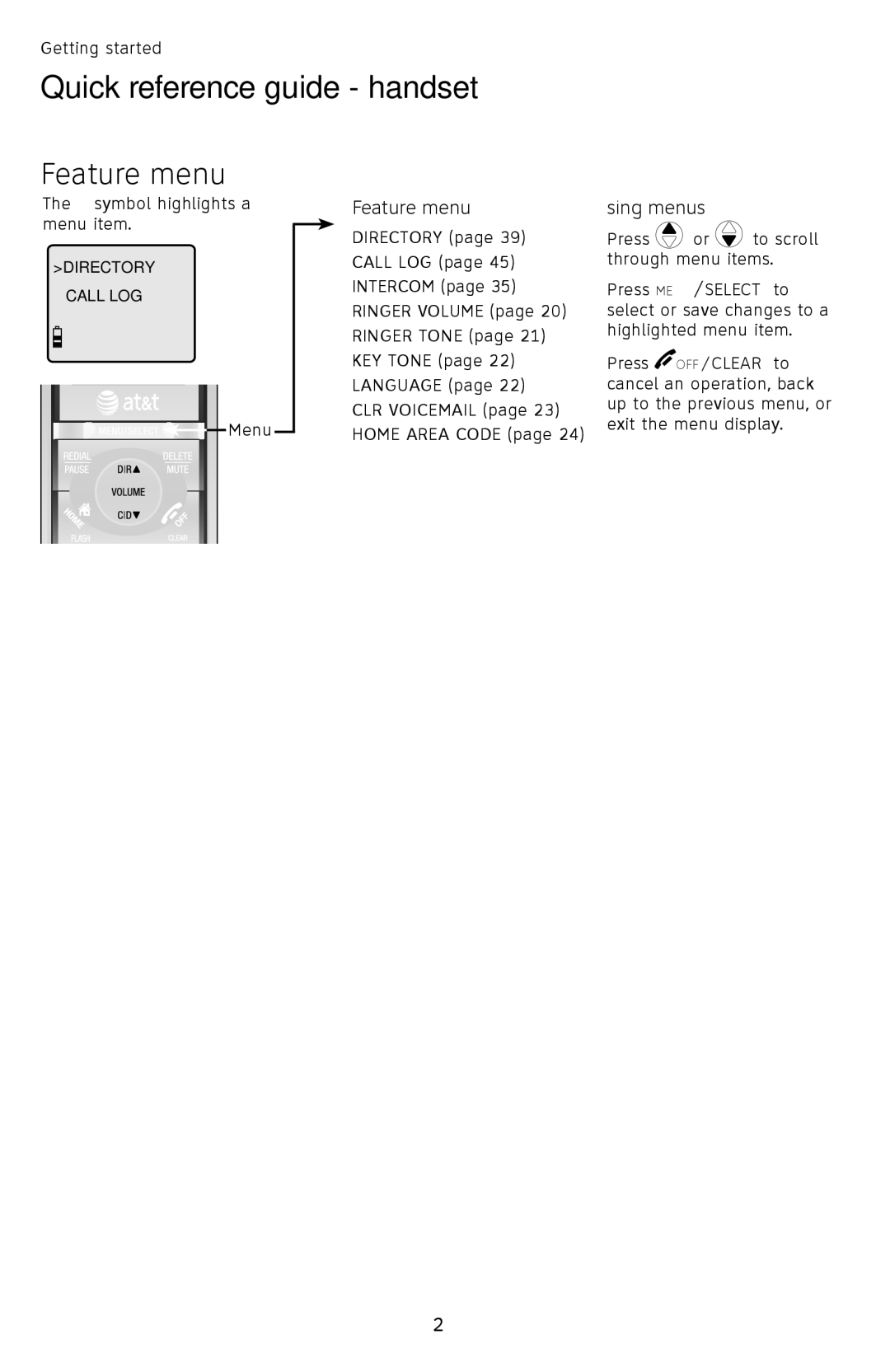 AT&T TL92378 user manual Feature menu 