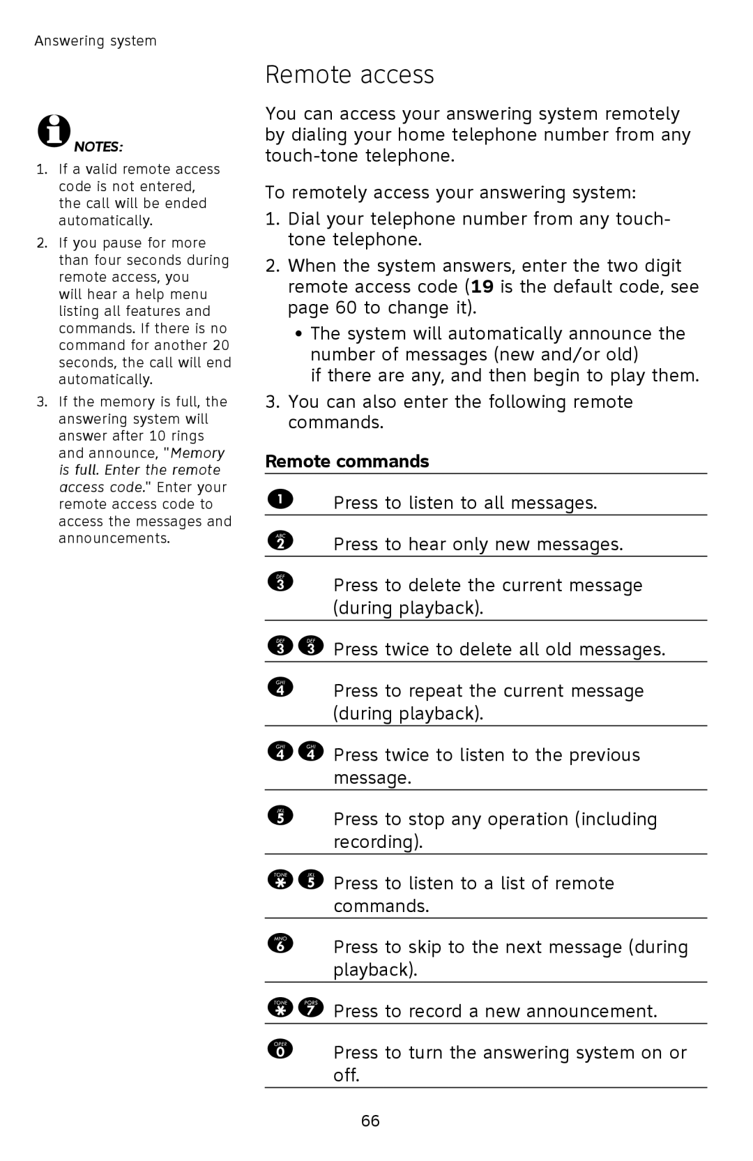 AT&T TL92378 user manual Remote access, Remote commands 